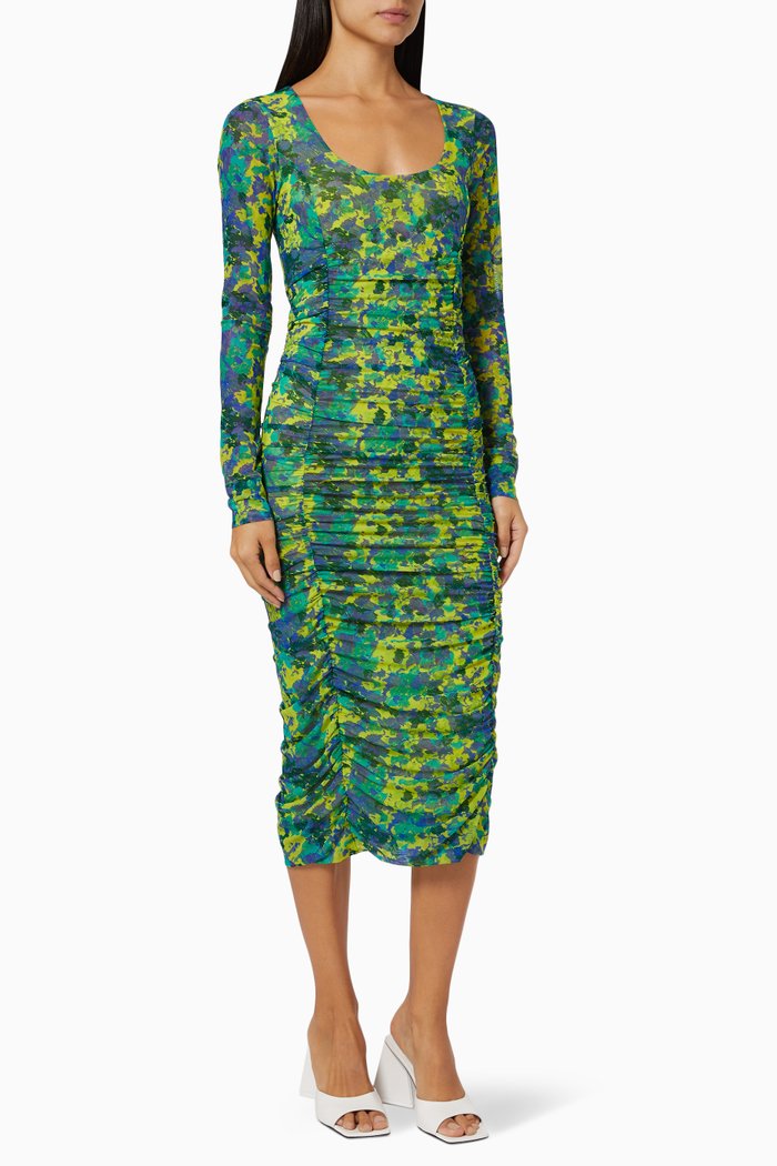 

Ruched Midi Dress in Mesh, Green