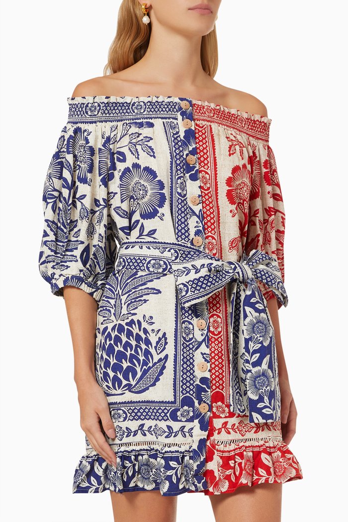 

Mixed Pineapple Garden Off Shoulder Mini Dress, Blue