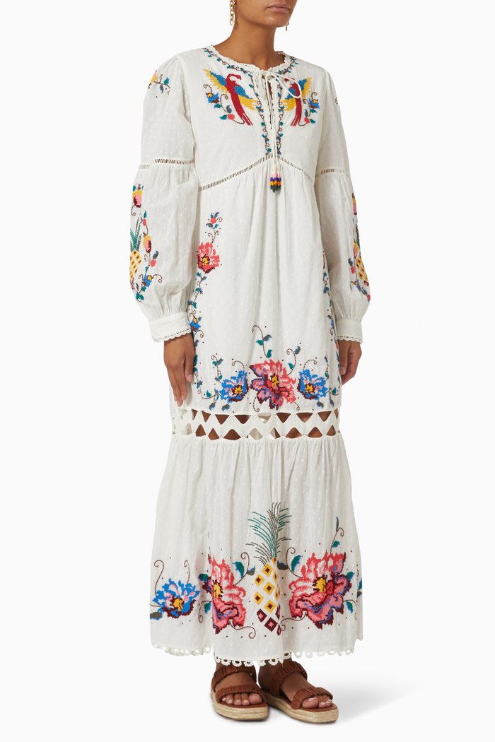 

Macaw Cross Stitch Embroidered Maxi Dress in Cotton, Neutral