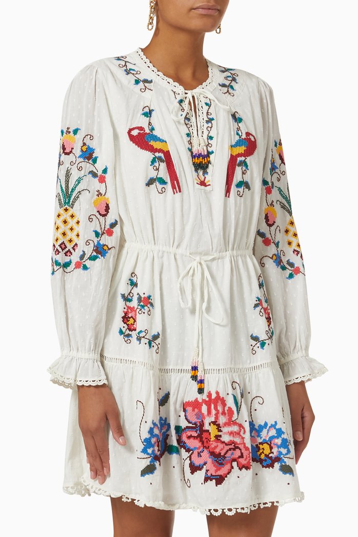

Macaw Cross Stitch Embroidered Mini Dress in Cotton, Neutral