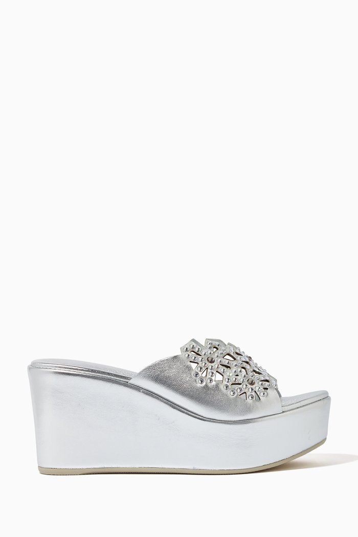 

Embellished Wedges in Metallic Leather, Silver