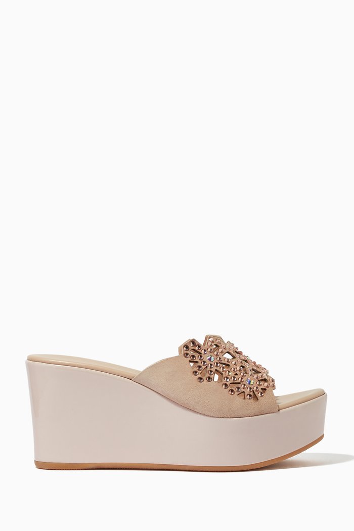Embellished Wedges in Leather, Pink