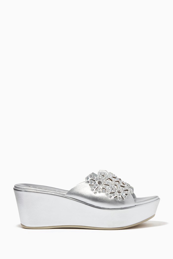 

Embellished Wedges in Metallic Leather, Silver