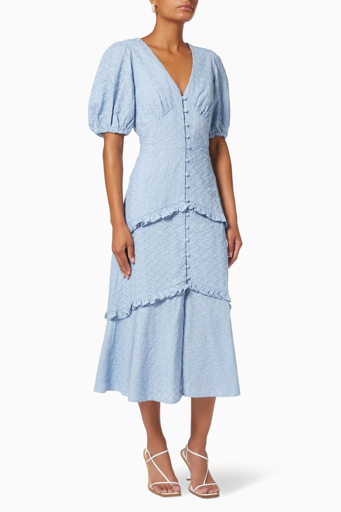 Meda Midi Dress in Embroidered Cotton, Blue