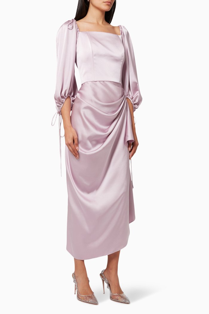 Off-Shoulder Wrap Dress in Satin, Purple