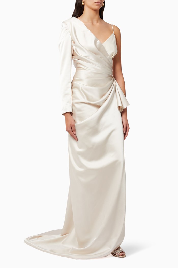 

Asymmetrical Draped Gown in Satin, Neutral