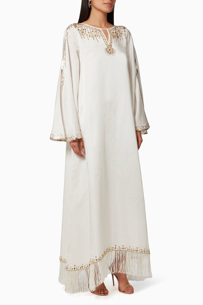

Silvia Embellished Kaftan in Satin & Linen, White