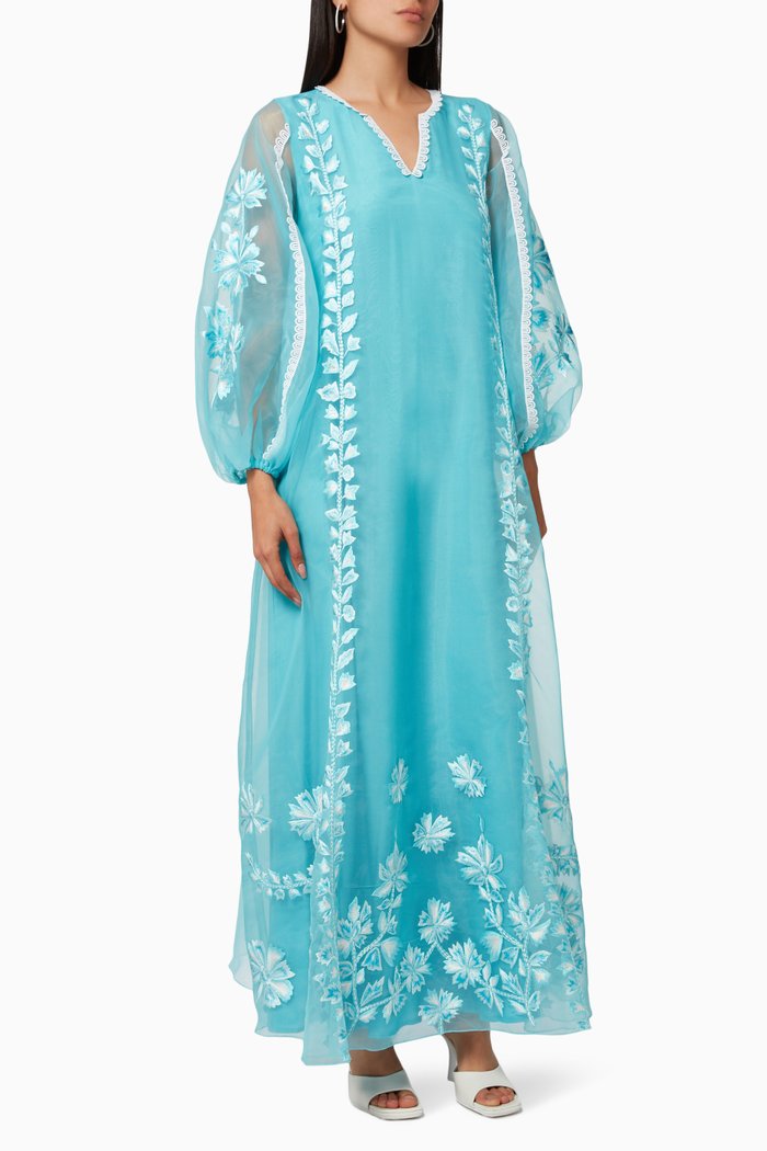 

Alzea Puff Sleeve Kaftan in Silk Organza, Blue