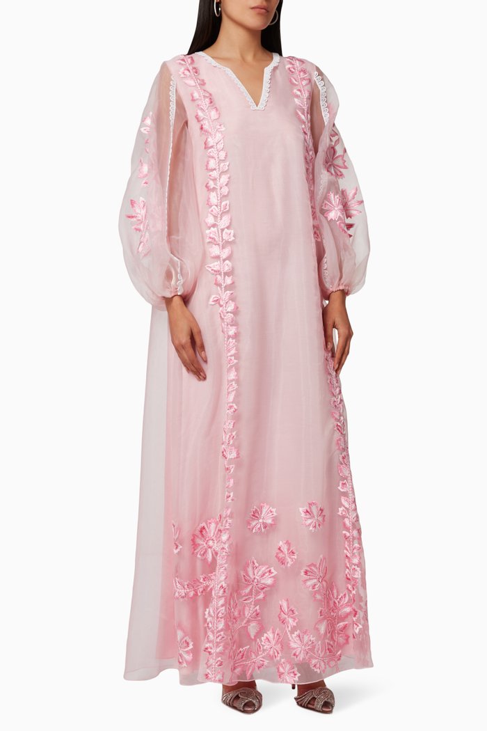 

Alzea Puff Sleeve Kaftan in Silk Organza, Pink
