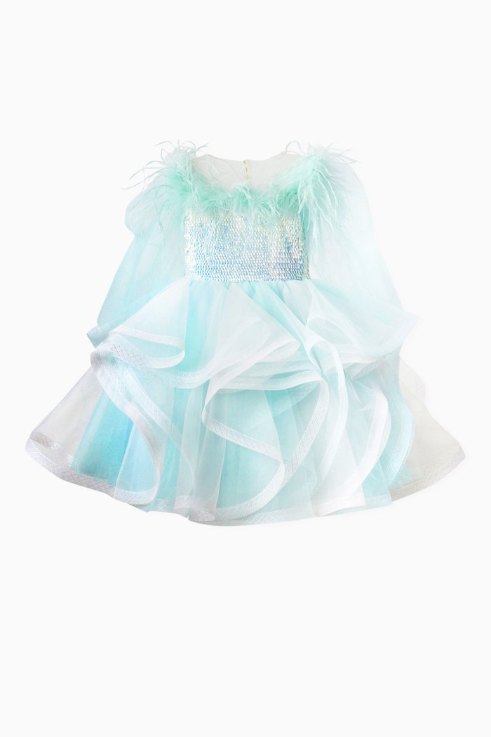 Tiffany Feather Bloom Dress in Tulle, Blue