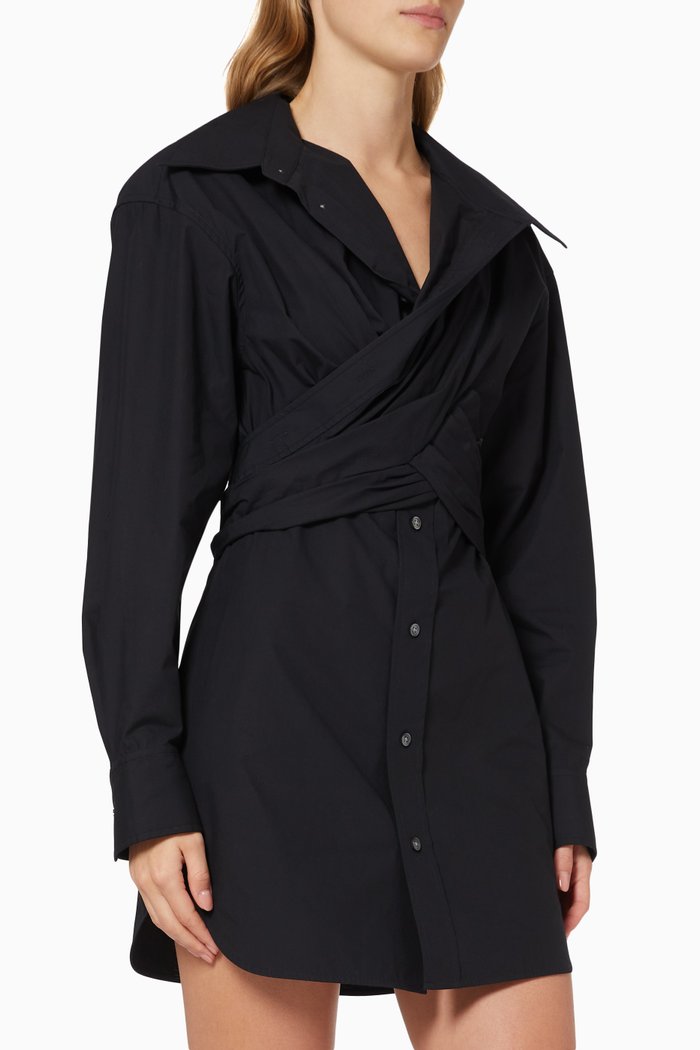 

Cross Drape Shirt Dress in Compact Cotton, Black