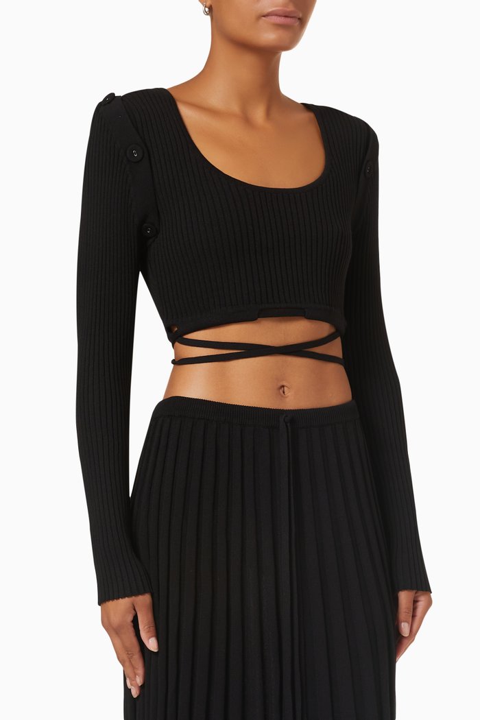 Deconstruct Long Sleeve Knit Tie Crop in Viscose, Black