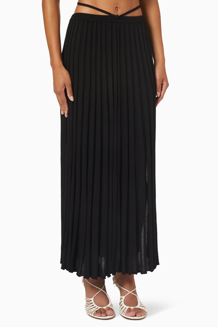 Pleated Knit Tie Skirt in Viscose, Black
