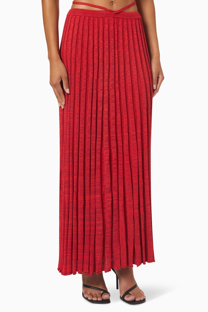 

Pleated Knit Tie Skirt in Viscose, Red
