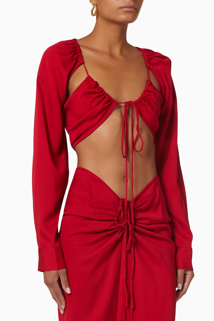Ruched Floating Sleeve Top in Viscose, Red