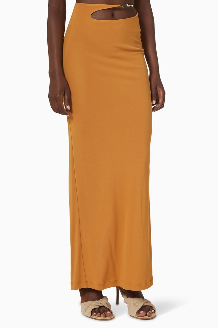 

Sculpted Buckle Strap Column Skirt, Brown