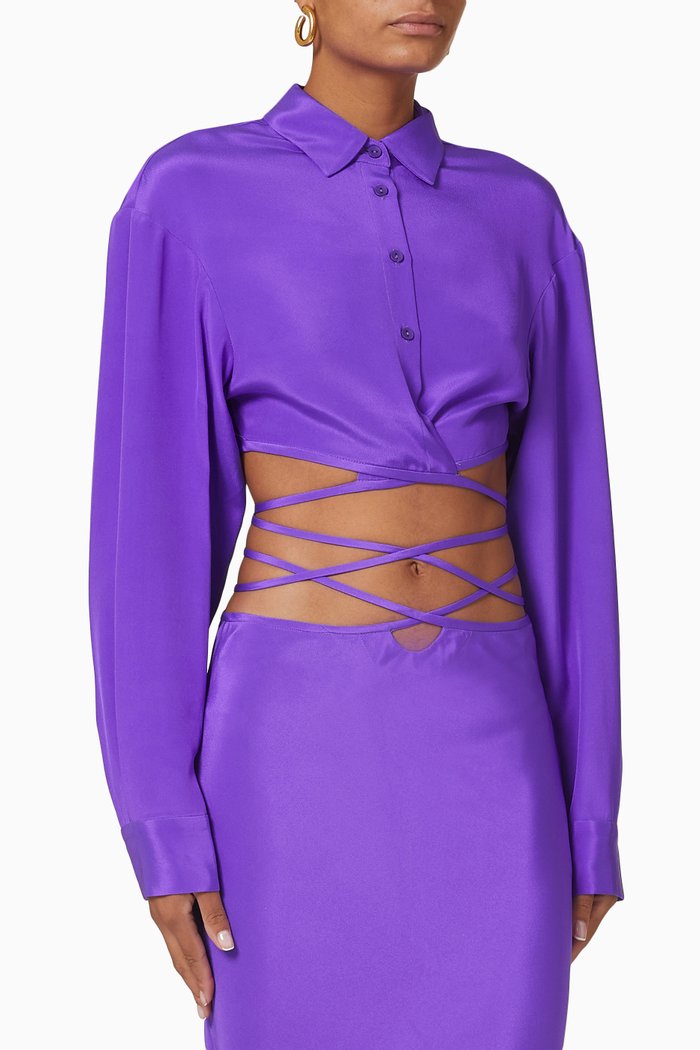 Cropped Tie Shirt in Silk, Purple