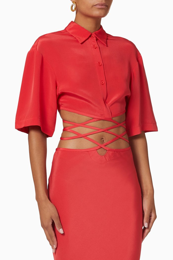 

Short Sleeve Cropped Tie Shirt in Silk, Red