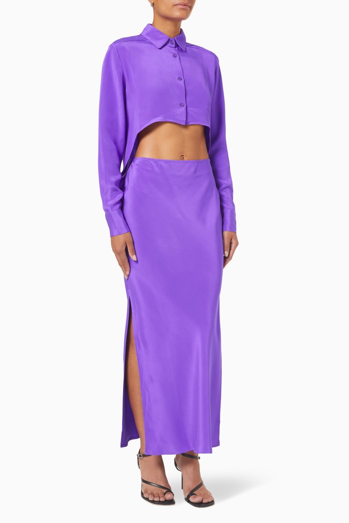

Arced Button Up Slim Dress in Silk, Purple