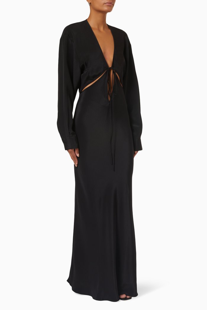 

Triquetra Front Tie Shirt Dress in Silk Faille, Black