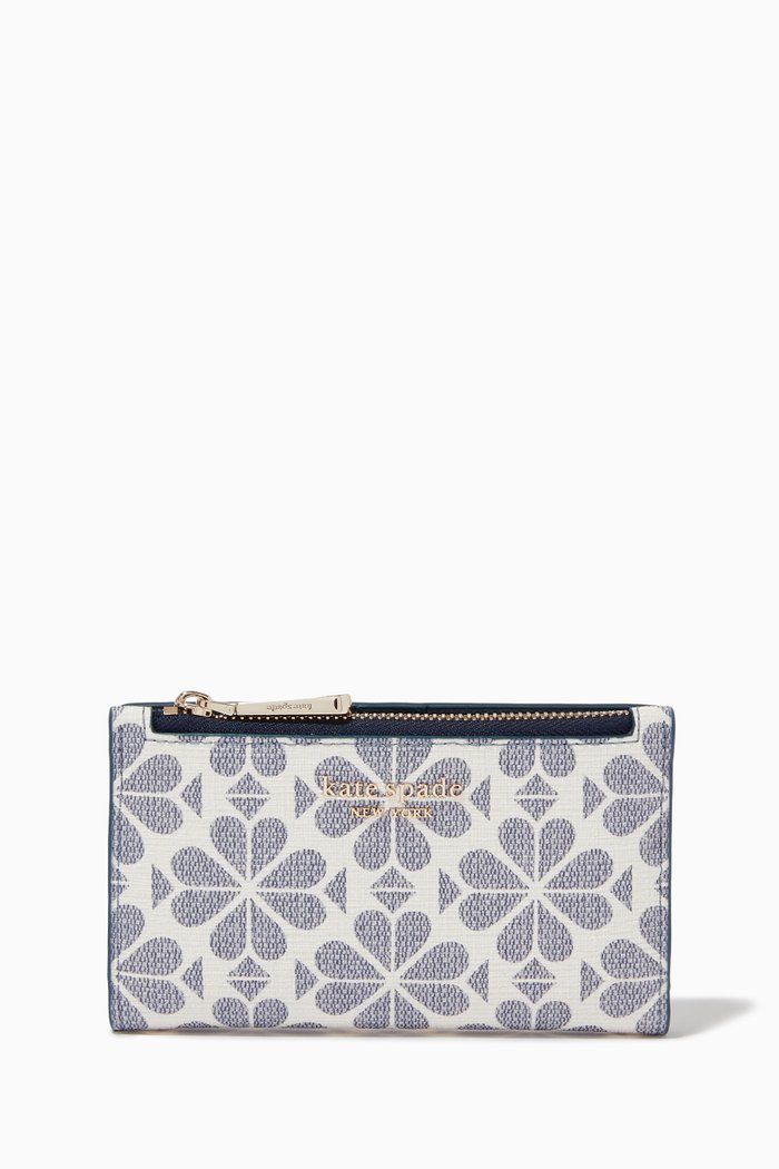 

Small Slim Bifold Wallet in Spade Flower Coated Canvas, Blue