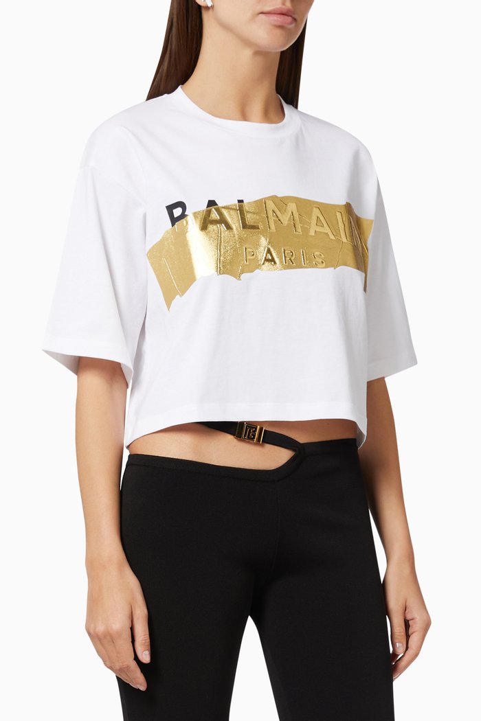 

Gold Tape Logo Cropped T-Shirt in Cotton Jersey, White
