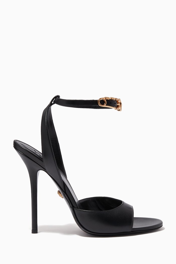 

Versace Safety Pin High Heel Sandals in Calf Leather, Black