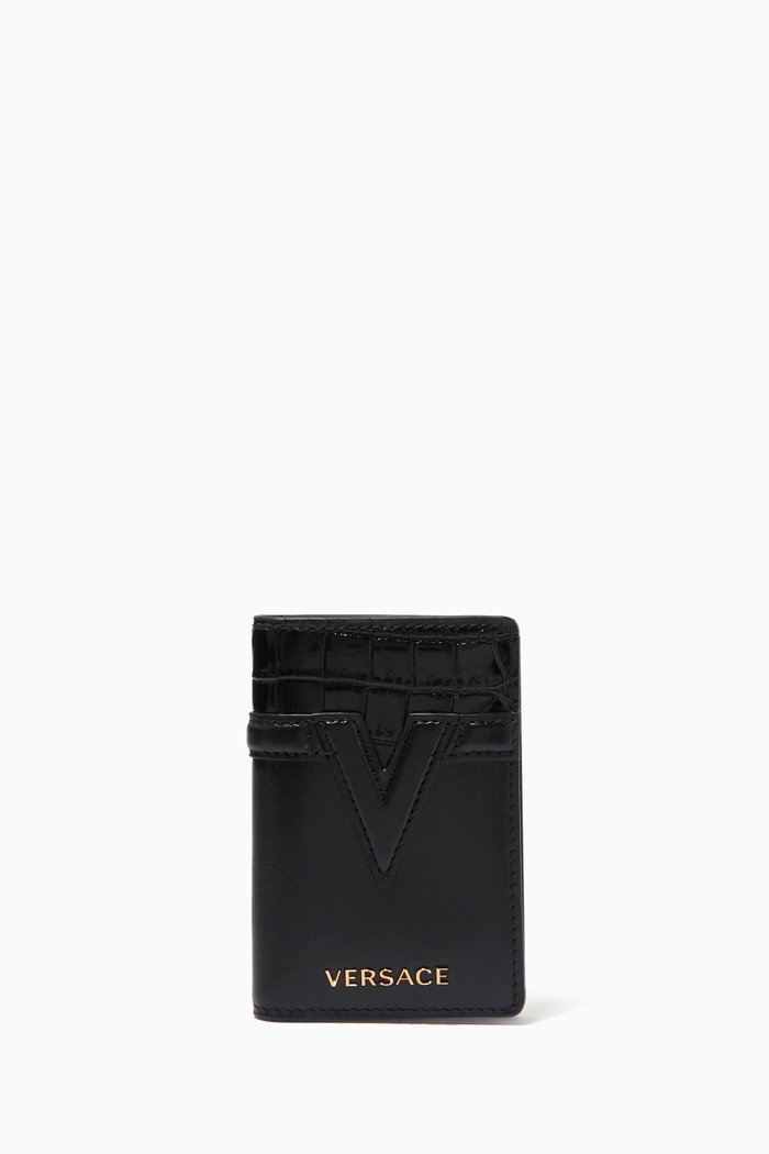 V Monogram Card Case Wallet in Calf Leather, Black