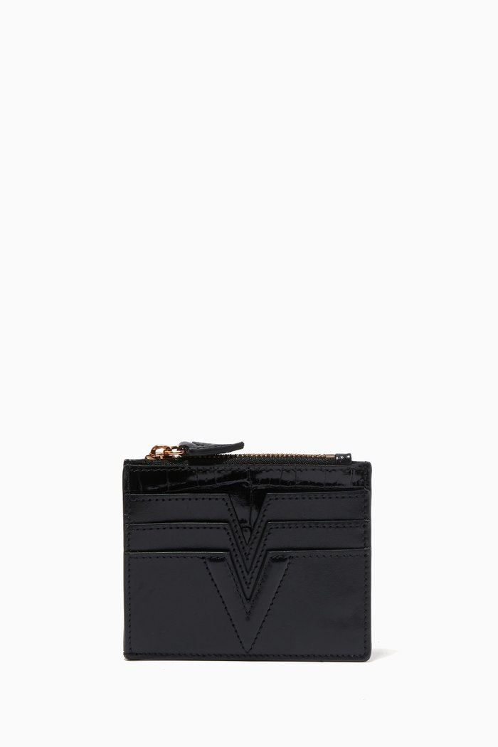 V Monogram Card Case in Calf Leather, Black