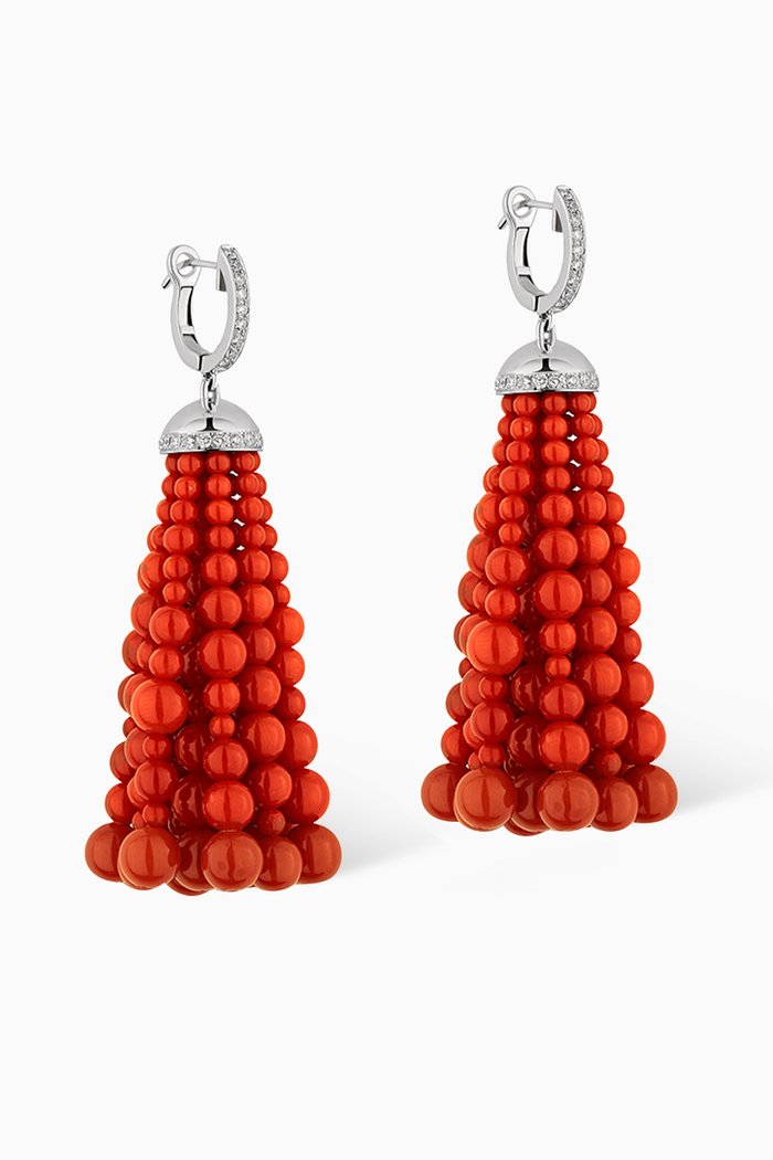 

Bahar Diamond & Corals Tassel Earrings in 18kt White Gold, Red