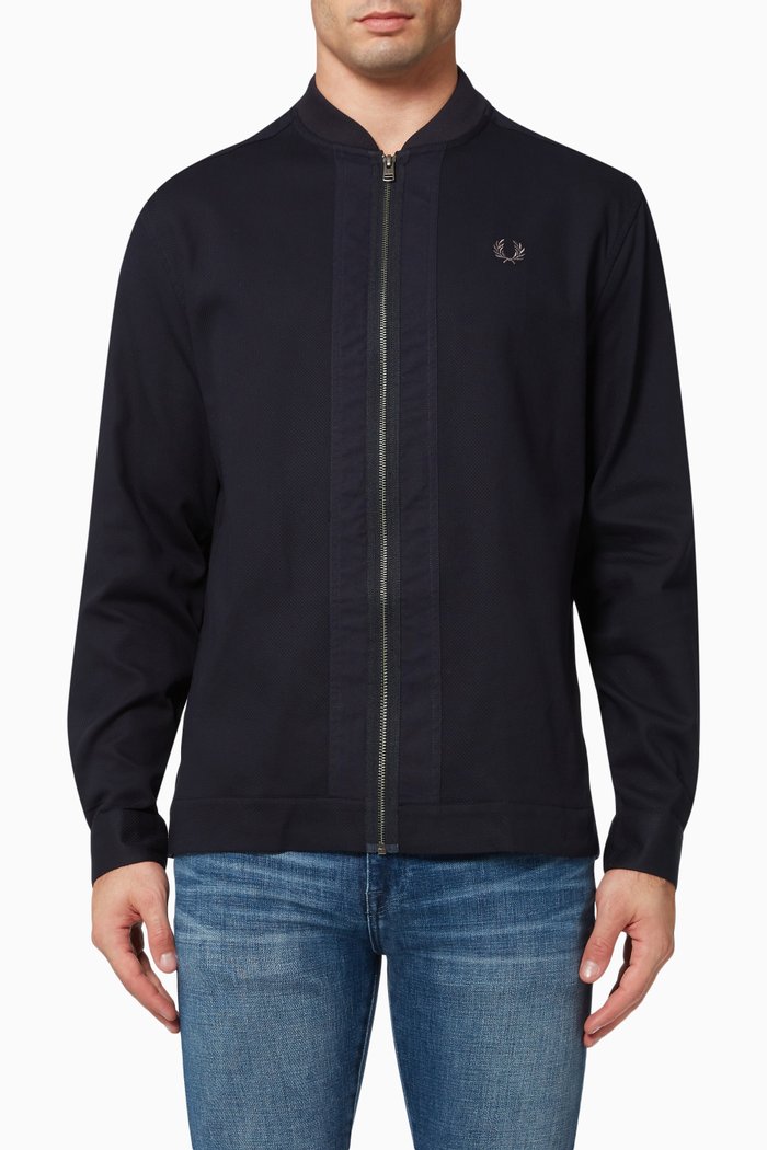 

Bomber Neck Zip Through Shirt in Cotton Terry, Blue