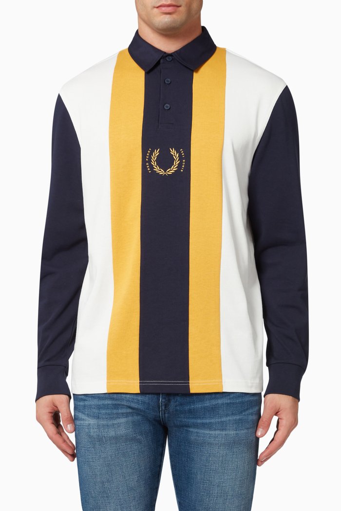 Long Sleeve Stripe Rugby Shirt in Cotton, Grey