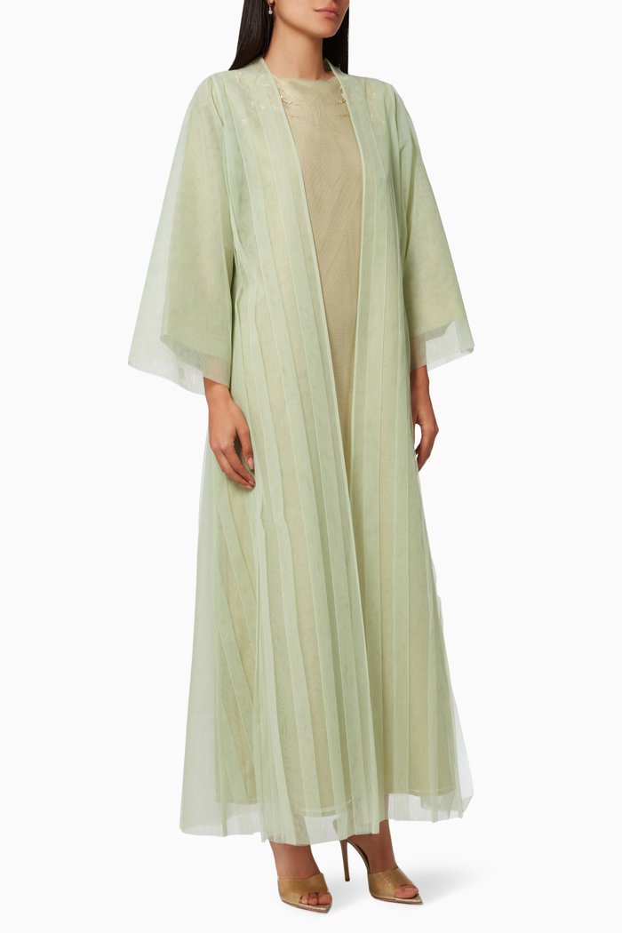 Three-piece Abaya Set in Organza & Tulle, Green