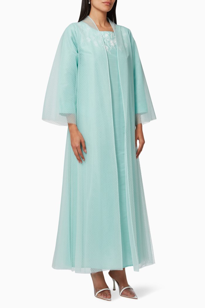 

Three-piece Abaya Set in Raw Silk & Tulle, Blue