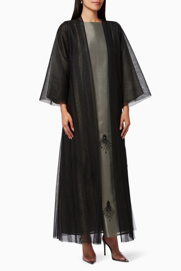 

Three-piece Abaya Set in Organza & Tulle, Black