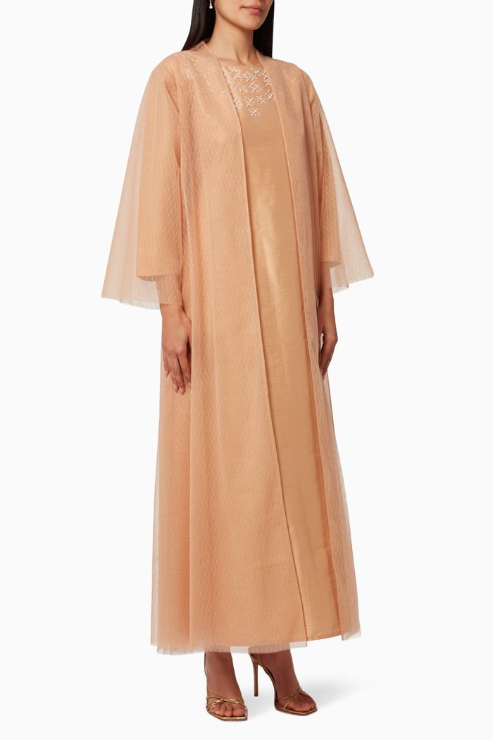 

Three-piece Abaya Set in Raw Silk & Tulle, Gold