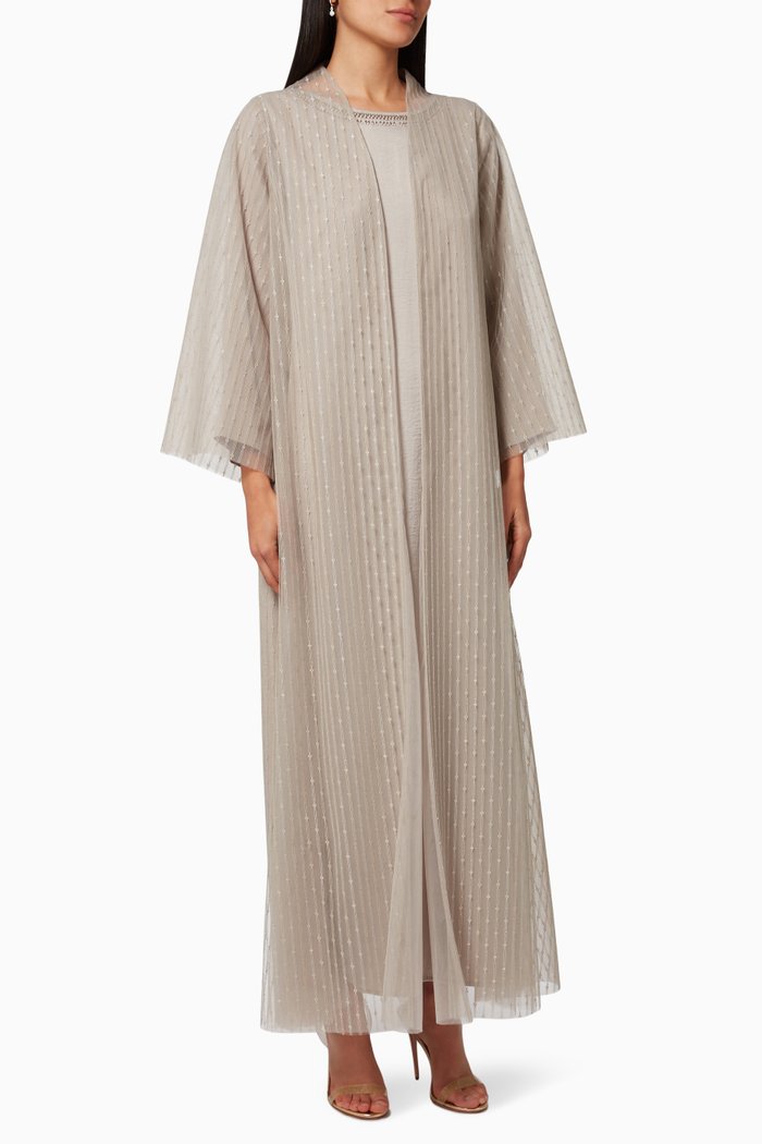 

Three-piece Abaya Set in Satin & Tulle, Grey