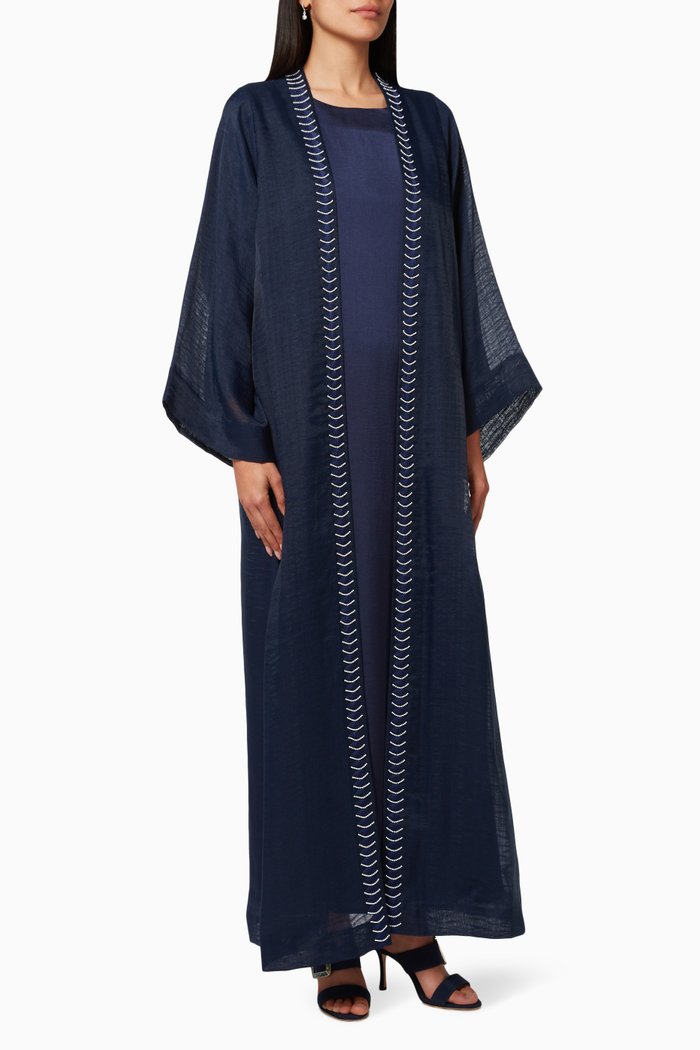 

Three-piece Abaya Set in Cotton Organza & Satin, Blue