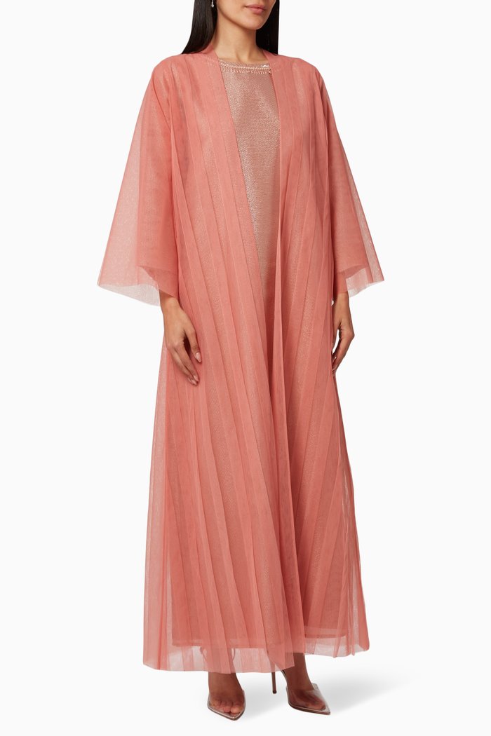

Three-piece Abaya Set in Tulle & Organza, Pink