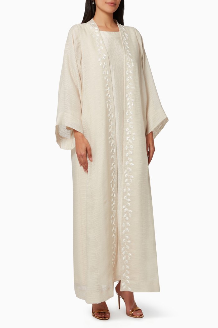 Three-piece Abaya Set in Cotton & Organza, Neutral