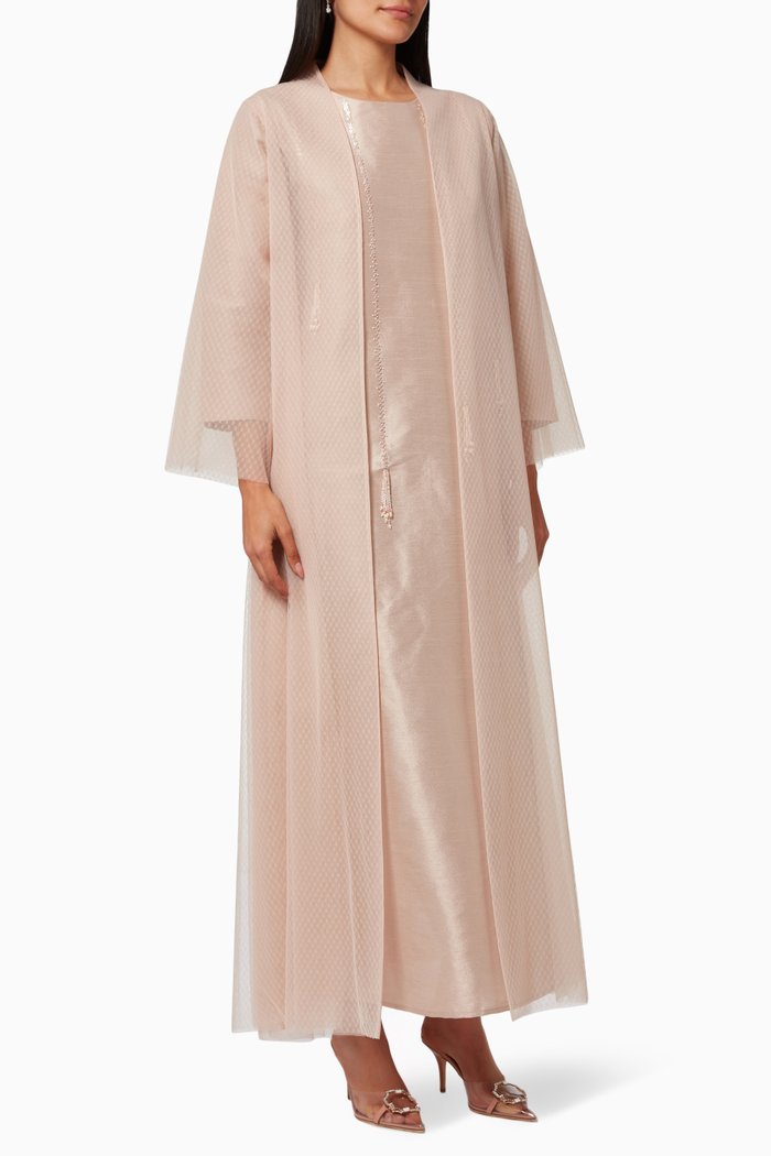 

Three-piece Abaya Set in Tulle & Raw Silk, Purple