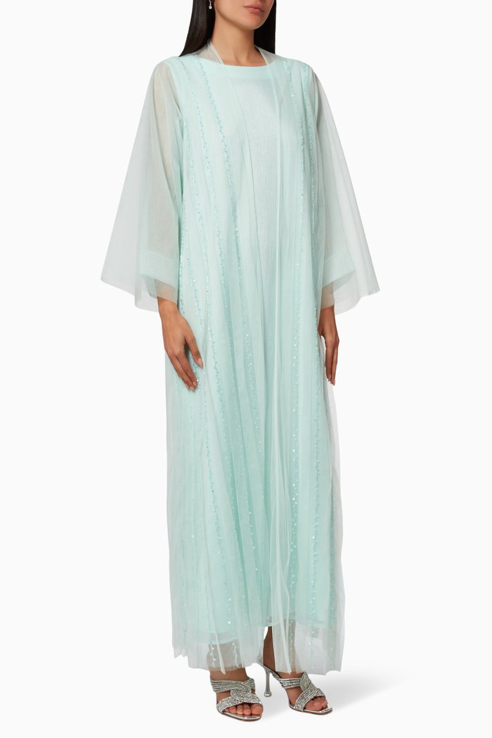 

Three-piece Abaya Set in Tulle & Organza, Blue