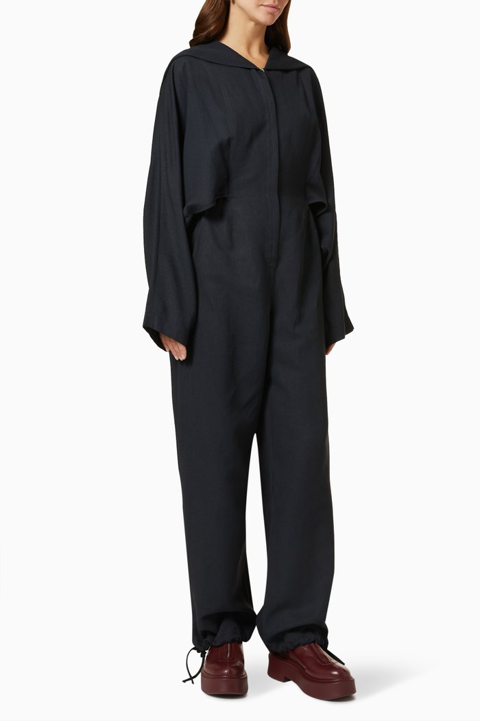 Simona Hooded Jumpsuit in Silk & Linen Blend, Black