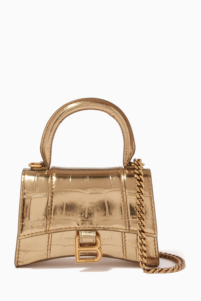 

Hourglass Mini Top Handle Bag in Metallic Crocodile Embossed Calfskin, Gold