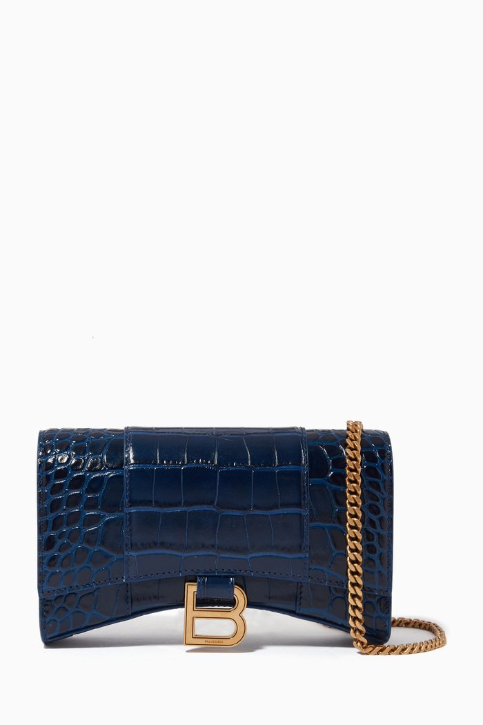 Hourglass Wallet on Chain in Croc-embossed Calfskin, Blue