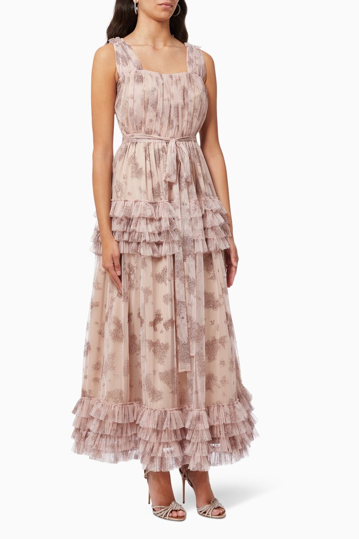 

Ruffle Gown in Printed Tulle, Pink