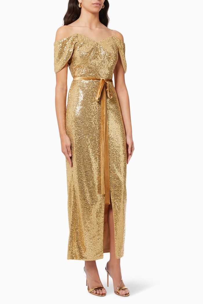 

Sequinned Off-The-Shoulder Gown, Gold