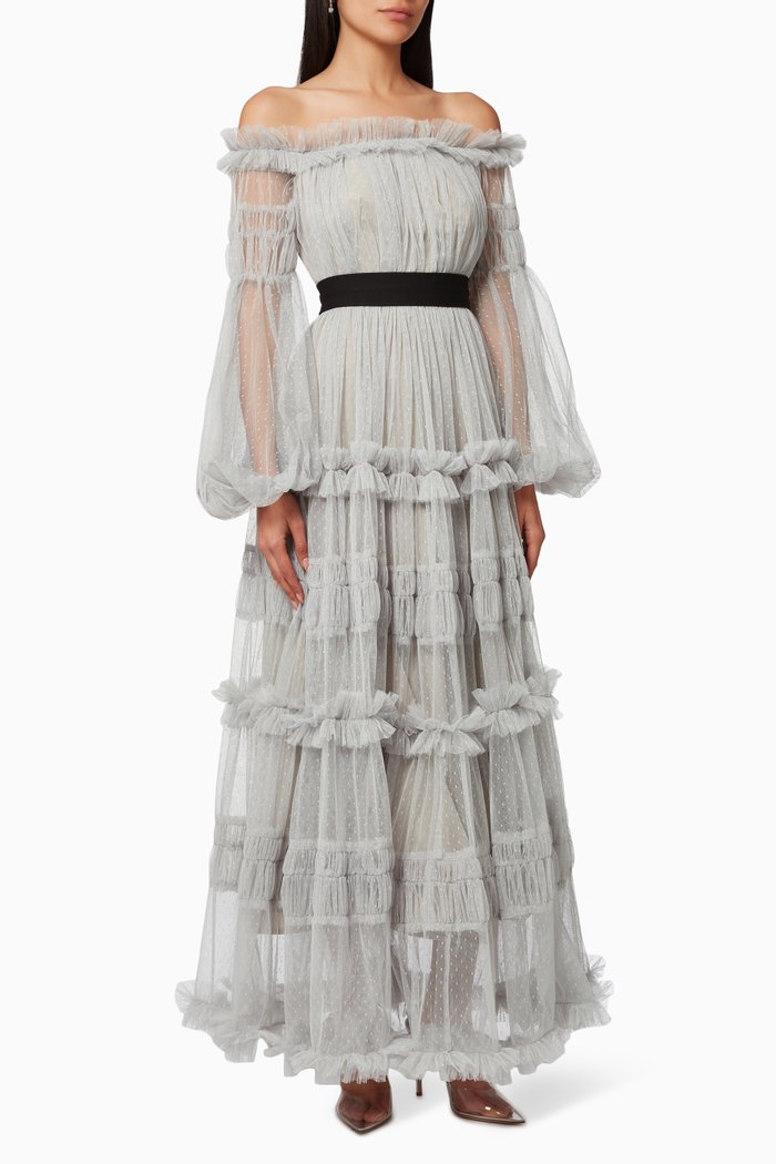 

Off-The-Shoulder Ruffle Gown, Grey