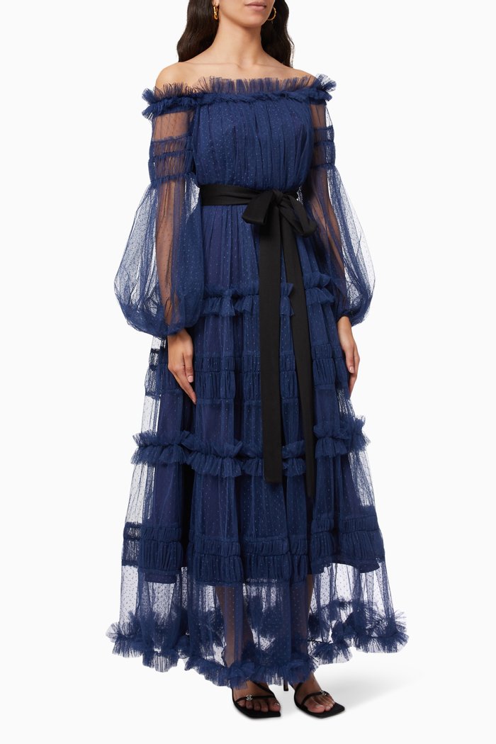 

Off-The-Shoulder Ruffle Gown, Blue