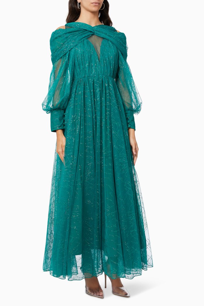 

Cold Shoulder Glitter Gown, Green